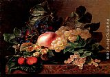 Grapes, Strawberries, a Peach, Hazelnuts and Berries in a Bowl on a marble Ledge